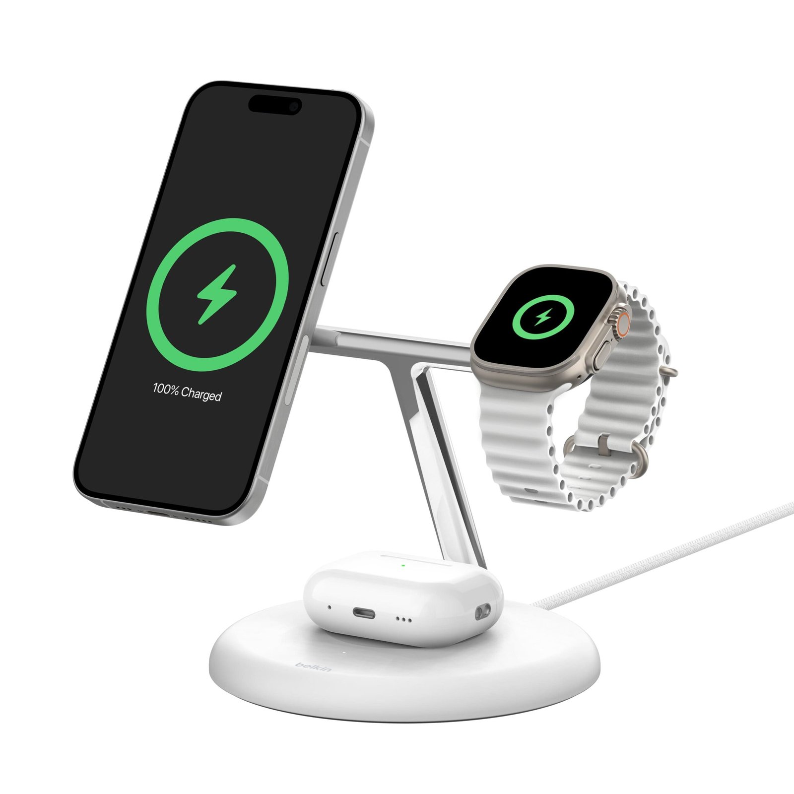 Belkin - 3-in-1 Stand 15W Qi2 Wireless Charger, Fast Charging for iPhone 16, AirPods, Apple Watch, & More (PSU Included) - White